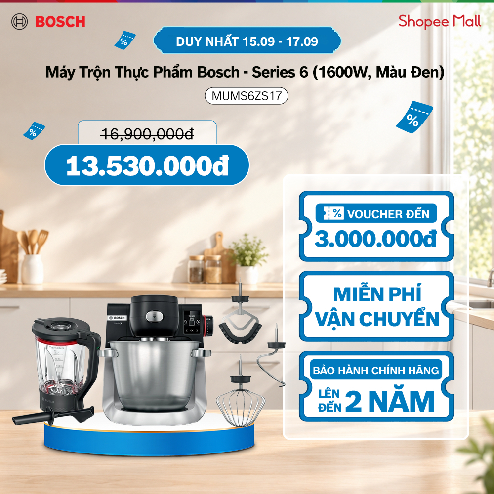 DUY NHẤT 23.09 | Voucher Shopee lên đến 3tr | Máy Trộn Thực Phẩm Bosch MUMS6ZS17 – Series 6 (1600W, Màu Đen)