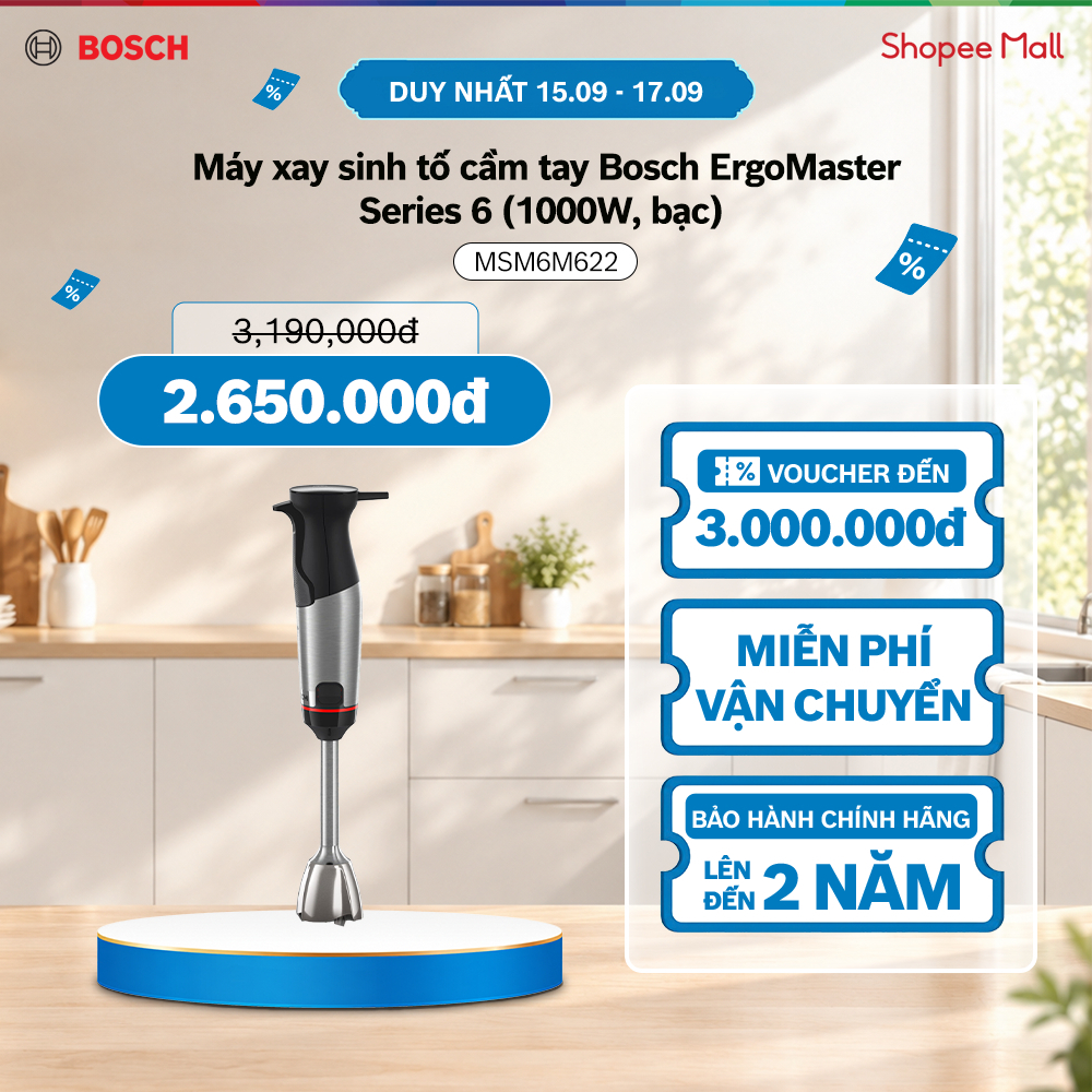 15.09 - 17.09 | Voucher Shopee lên đến 3tr | Máy xay sinh tố cầm tay Bosch MSM6M622 Series 6 ErgoMaster 1000W (bạc)