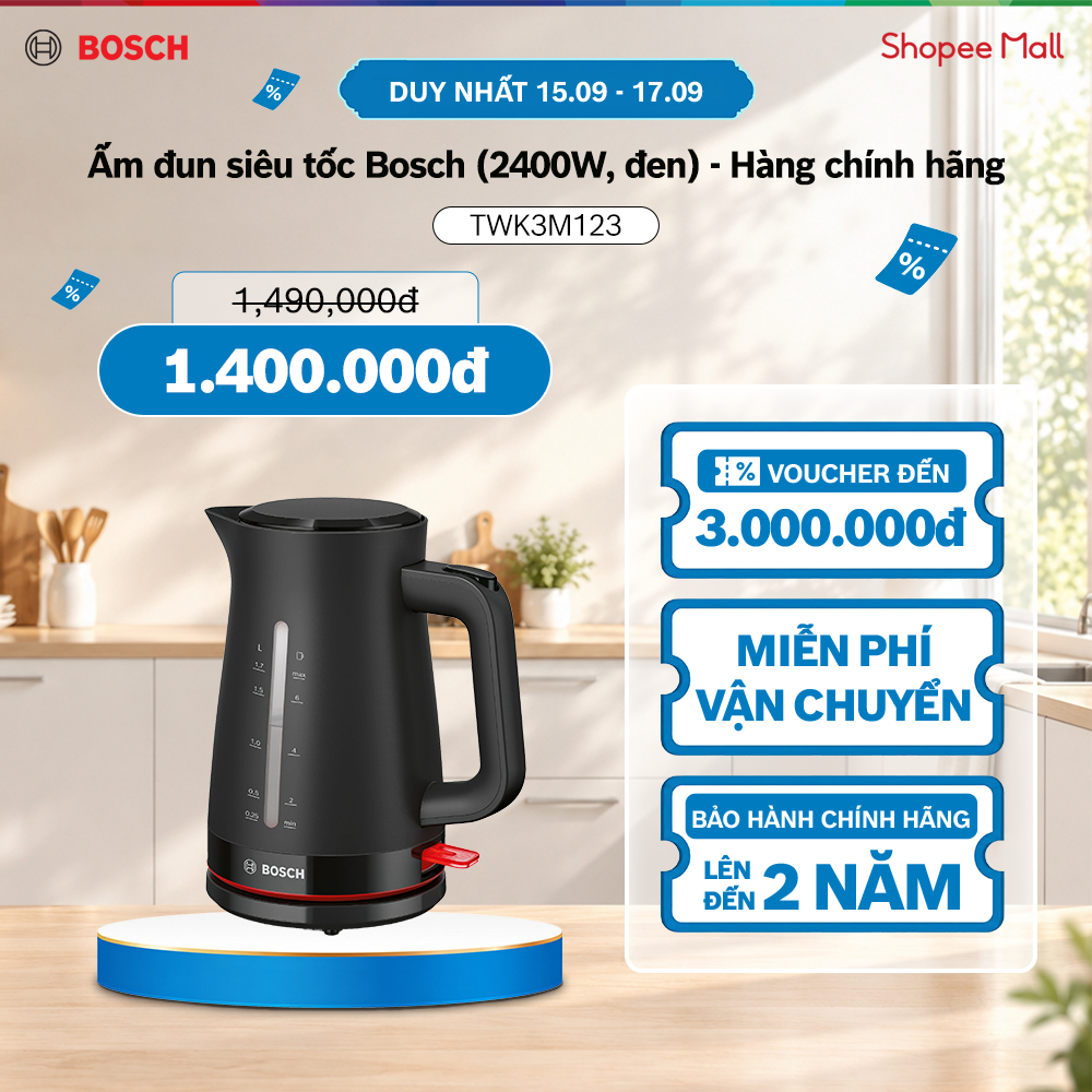 15.09 - 17.09 | Voucher Shopee lên đến 3tr | Ấm đun siêu tốc Bosch TWK3M123 (2400W, đen) - Hàng chính hãng