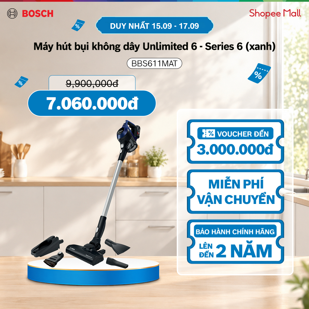 15.09 - 17.09 | Voucher Shopee lên đến 3tr | Máy hút bụi không dây Bosch Unlimited 6 BBS611MAT - Series 6 (màu xanh)