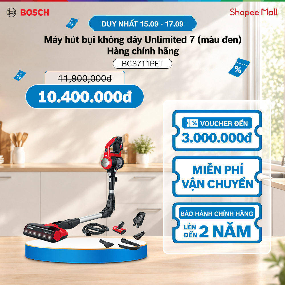 15.09 - 17.09 | Voucher Shopee lên đến 3tr | Máy hút bụi không dây Bosch BCS711PET Unlimited 7 ProAnimal (đỏ)