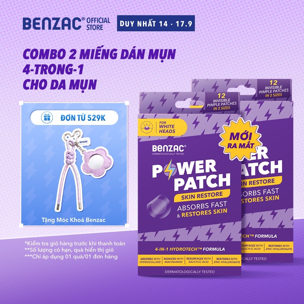 Combo 2 x 12 Miếng dán mụn Benzac Power Patch Skin Restore giúp giảm mụn mủ,phục hồi dành cho mụn mủ có nhân