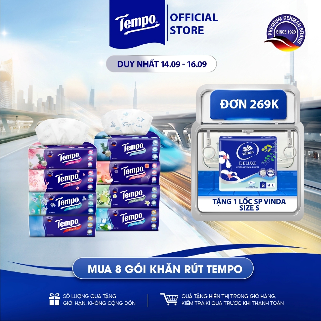 [COMBO 8 GÓI] Khăn Giấy Rút Cao Cấp Tempo - 4 Lớp Bền Dai, An Toàn Cho Da - Thương hiệu