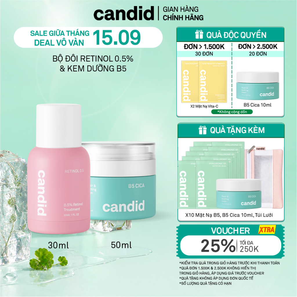 Bộ Đôi Hỗ Trợ Cải Thiện Và Phục Hồi Làn Da Candid Retinol 0.5% 30ml & Kem Dưỡng B5 Cica 50ml