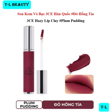 Son Kem 3CE Hàn Quốc Vỏ Bạc Màu #Đỏ Hồng Tía – 3CE Hazy Lip Clay #PLUM PUDDING - 4.0g
