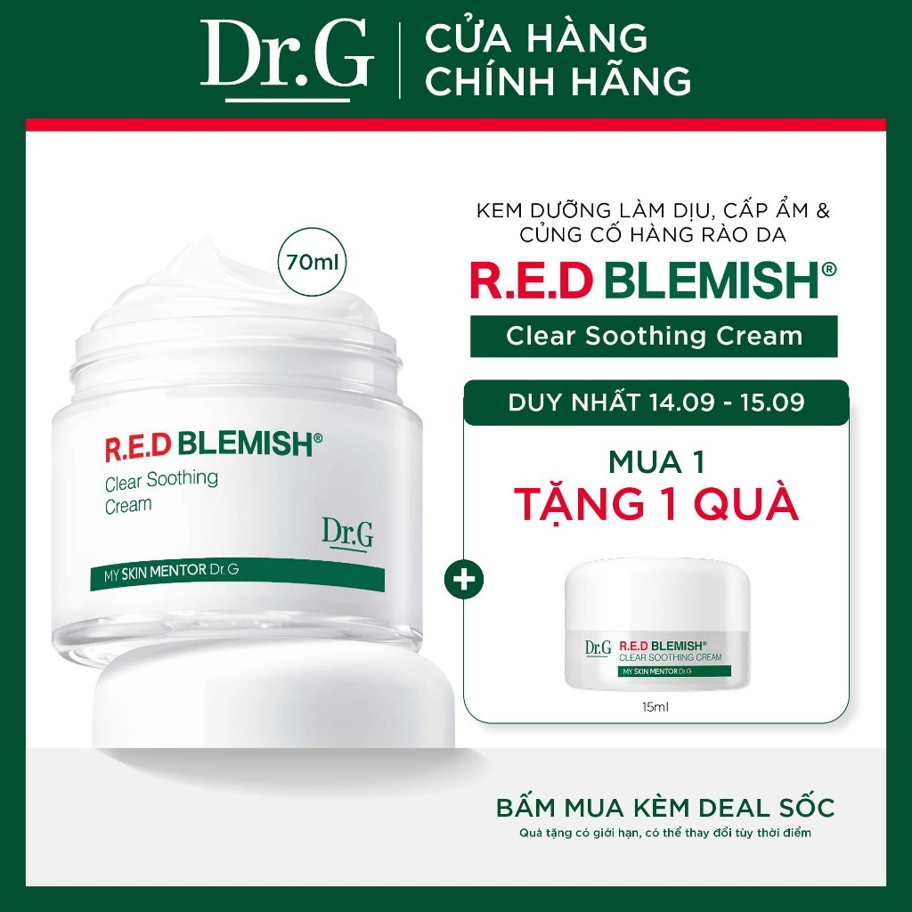Kem dưỡng Dr.G R.E.D Blemish Clear Soothing Cream DrG 70ml cấp ẩm, làm dịu và giúp củng cố hàng rào bảo vệ da