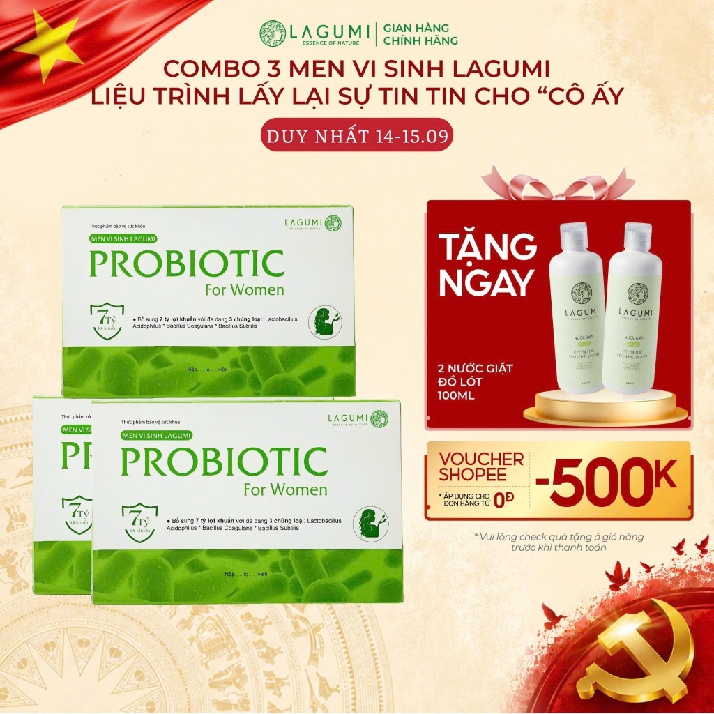 Dùng 1 tháng - Combo 3 Hộp Viên Uống Men Vi Sinh Phụ Nữ LAGUMI Hỗ Trợ Giảm Khí Hư, Nấm Ngứa, Mùi Hôi Cô Bé