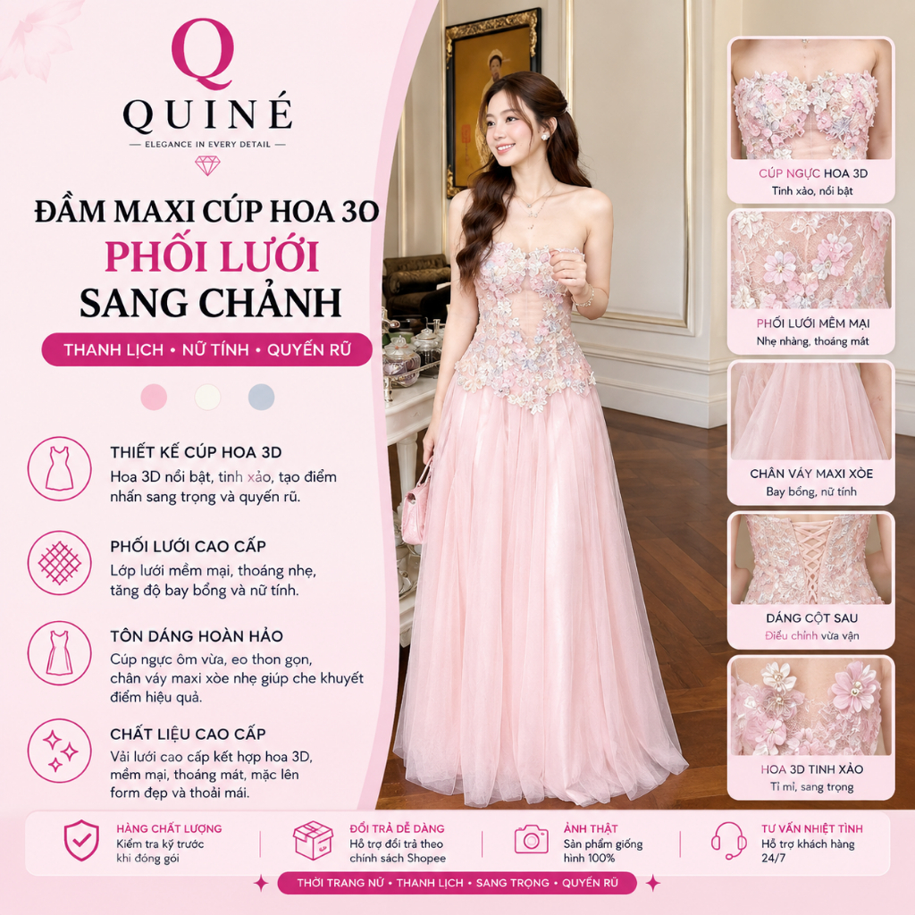 Đầm Maxi Cúp Hoa 3D Phối Lưới Sang Chảnh Dự Tiệc – Váy Dài Cao Cấp Tiểu Thư Quyến Rũ Tôn Dáng