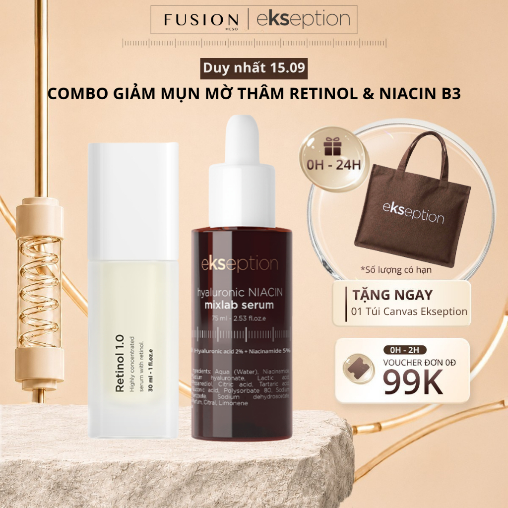 Combo Serum Giảm Dầu Mụn [New version] Fusion Retinol 0.3% 30ml & Ekseption Serum Hyaluronic Niacin Mixlab 75ml