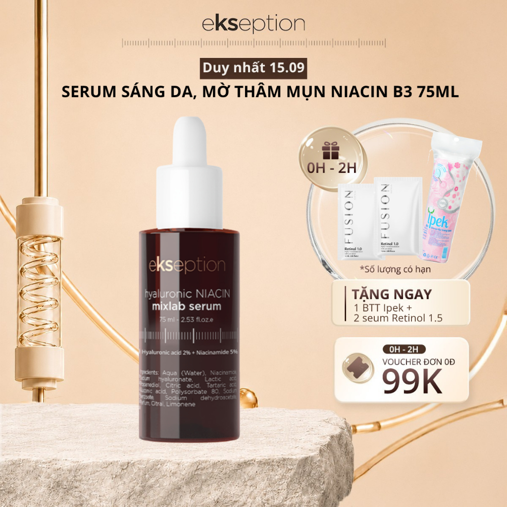 Serum HA + 5% B3 Ekseption hỗ trợ sáng da, mờ thâm mụn Hyaluronic Niacin Mixlab 75ml