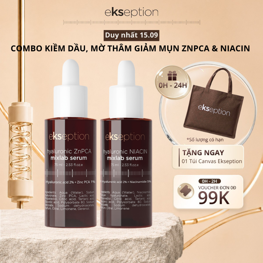 Combo Kiềm Dầu Giảm Mụn Mờ Thâm Ekseption Serum Hyaluronic ZnPCA Mixlab 75ml Và Serum Hyaluronic Niacin Mixlab 75ml