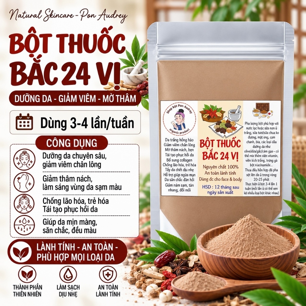 Bột tắm trắng thuốc bắc 24 vị trắng da giảm mụn mờ thâm, bột đắp mặt thuốc bắc