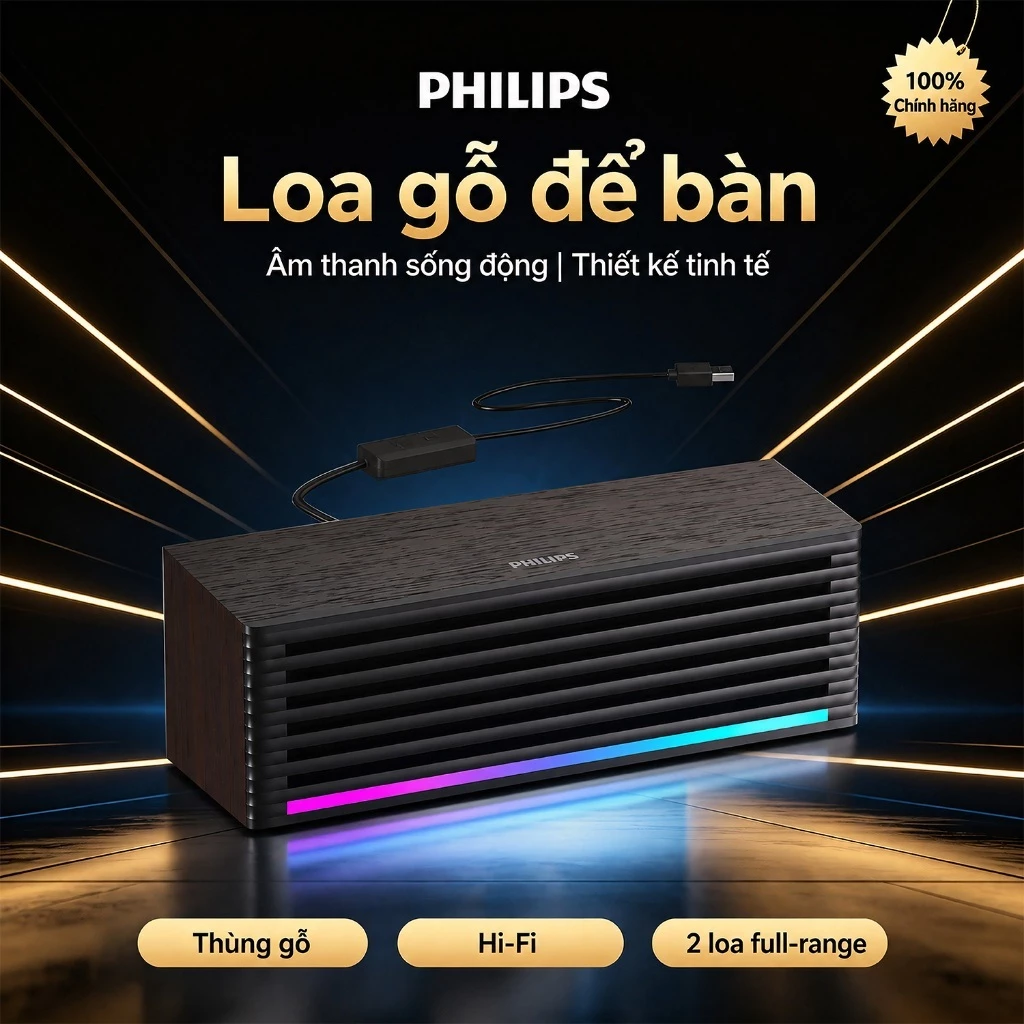 Loa Bluetooth gỗ để bàn, Loa Bluetooth để bàn có đèn LED, Loa Bluetooth Philips chính hãng SPA3709 sang trọng