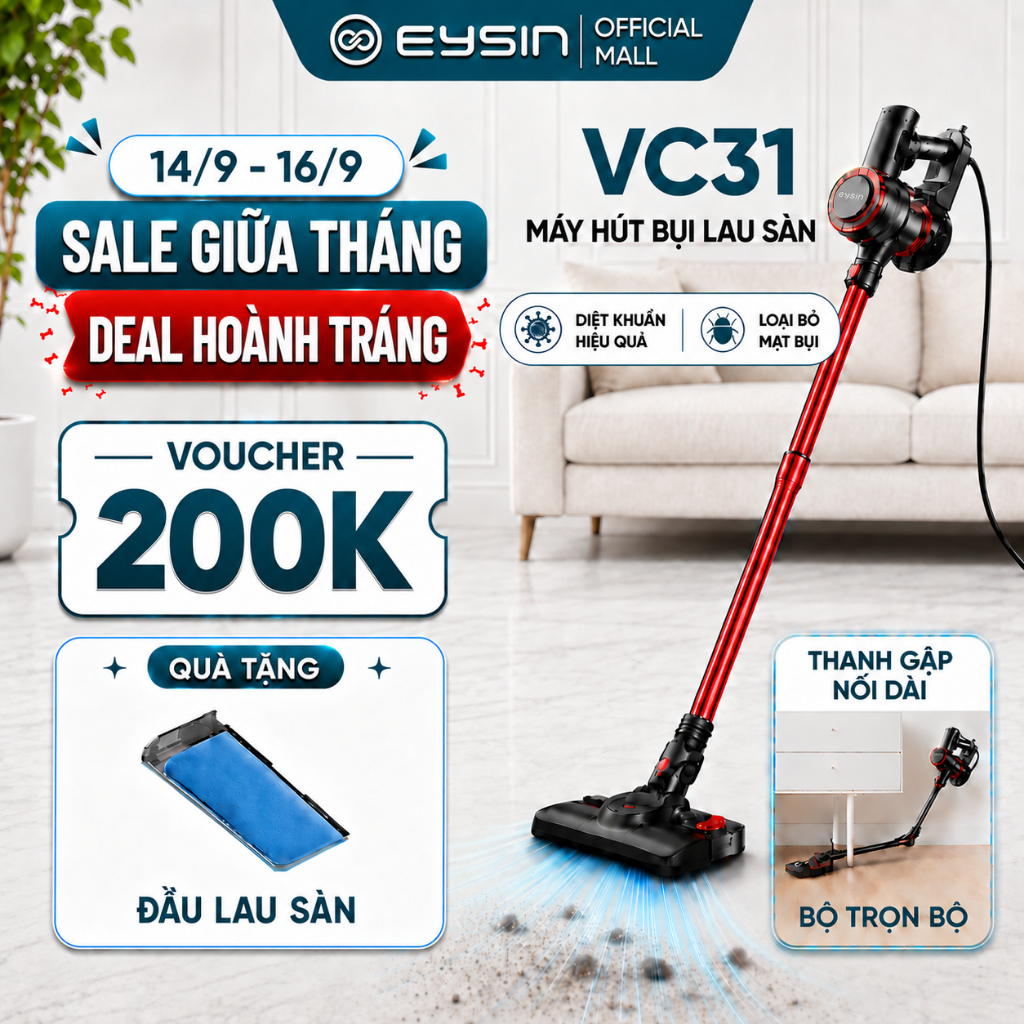 [K] Máy Hút Bụi Có Dây EYSIN VC31 Lực Hút 26k PA, Công Suất 600W, Tiếng Ồn Thấp, Thanh Gập Nối Dài