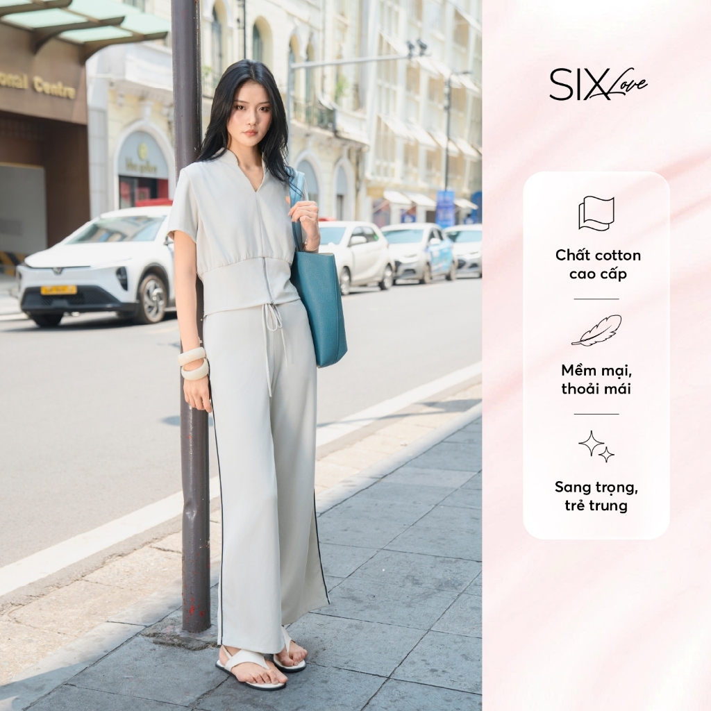 Set Đồ Nữ Cao Cấp SIXLOVE - Áo Cổ Chữ V Tay Ngắn Phối Quần Suông Dài Thanh Lịch