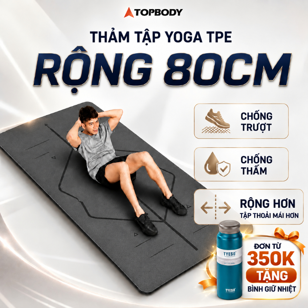 Thảm Tập Thể Dục Rộng 80cm TOPBODY TPE 2 Lớp Chống Trượt Dùng Tập Yoga Gym Tại Nhà Dày 6/8mm