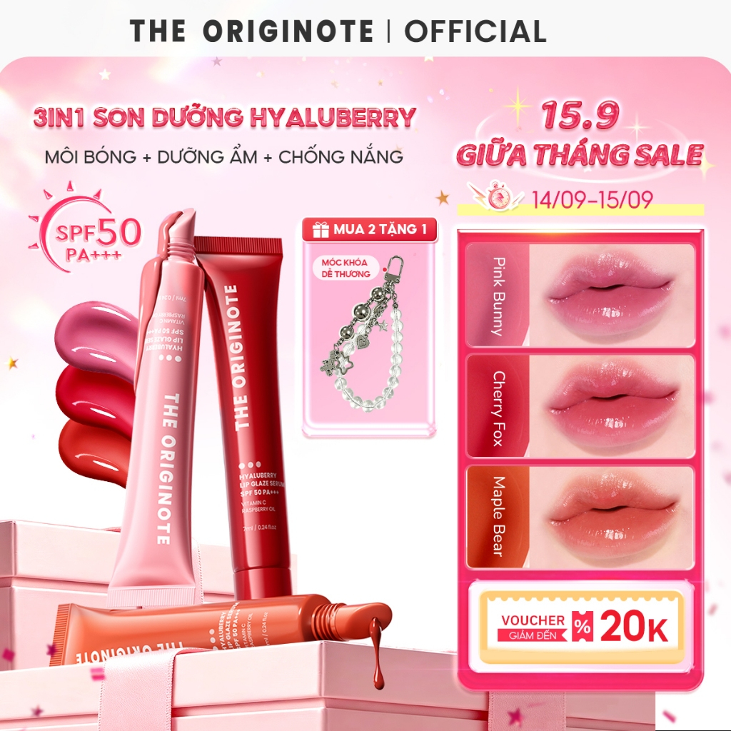 [MỚI] Son Dưỡng Môi Căng Mọng Có Màu The Originote 3IN1 Son Bóng Chống Nắng Dưỡng Ẩm SPF 50 PA+++ Hyaluberry Lip Serum