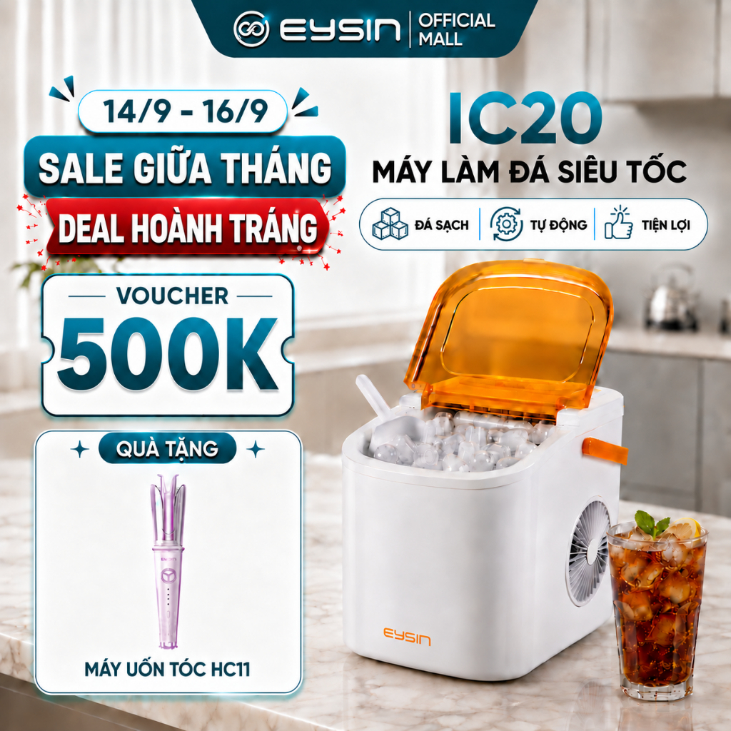 [K] Máy làm đá viên EYSIN IC20, Có quai xách, Nhỏ gọn, Tiết kiệm điện, 9 viên trong 6 phút