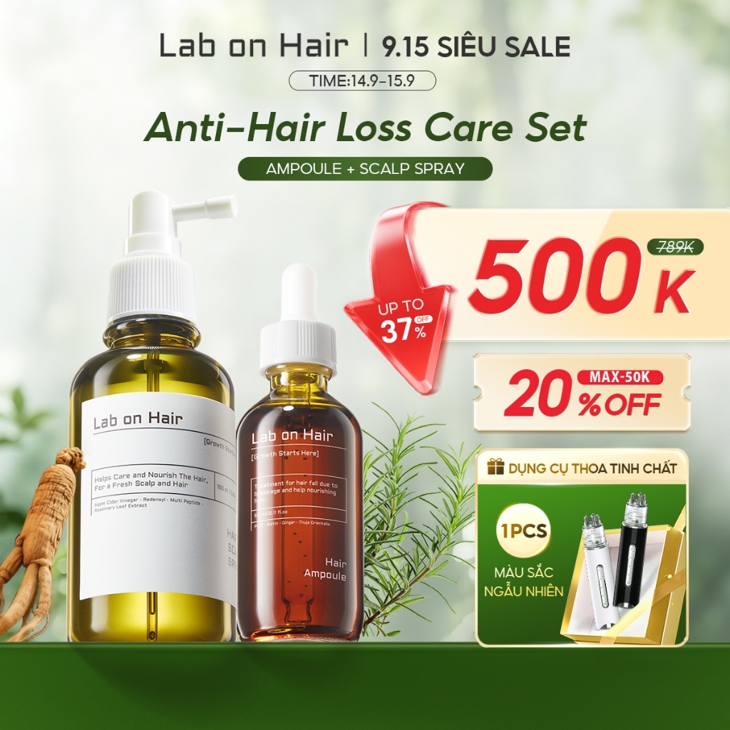 Combo xịt mọc tóc + tinh chất sâm gừng Lab on Hair giảm gẫy rụng tóc 160ml+60ml dưỡng tóc