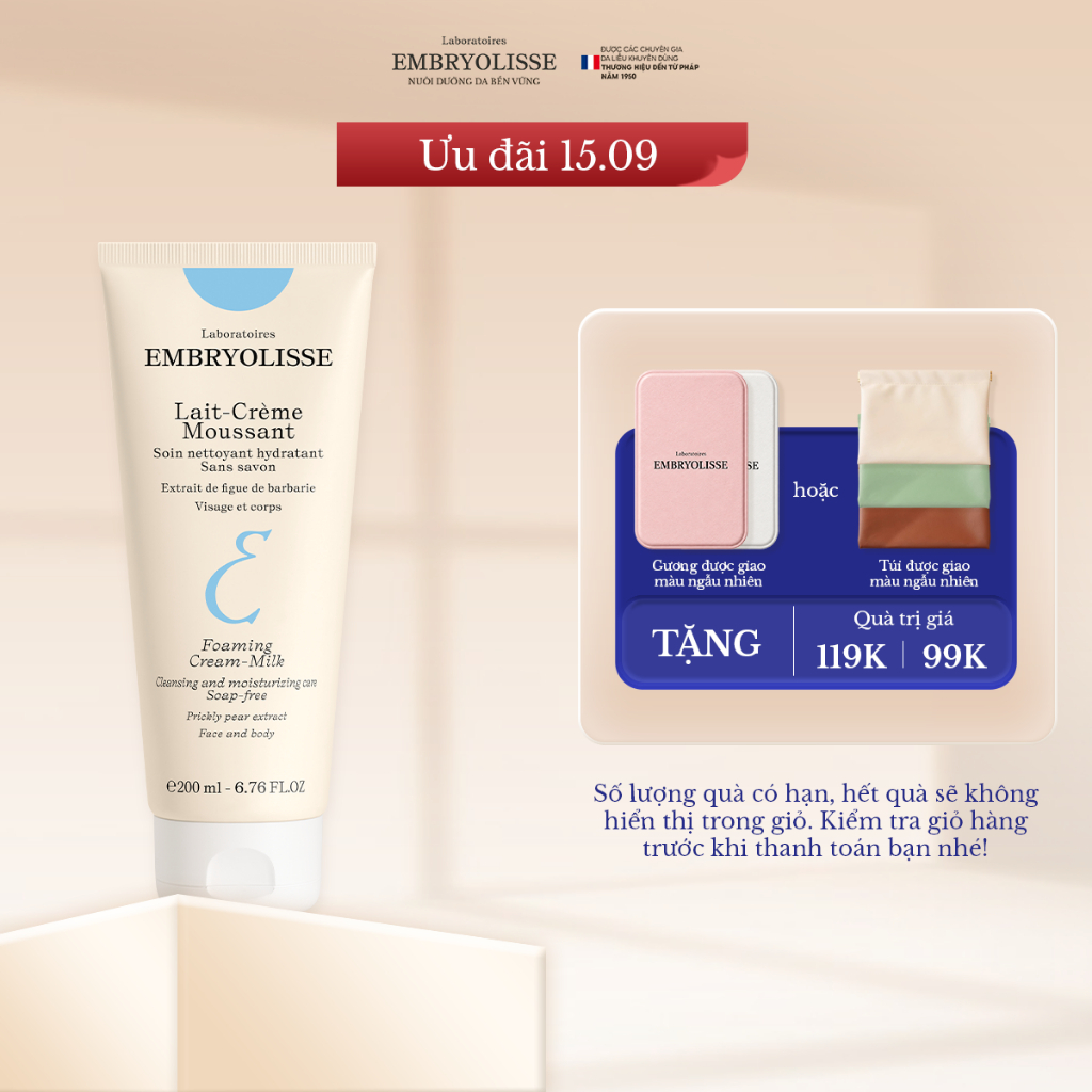 Sữa rửa mặt sạch sâu, cấp ẩm dịu nhẹ Lait-Crème Moussant Embryolisse 200ml