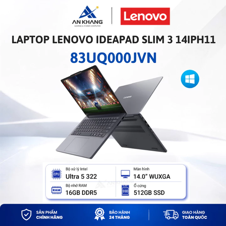 Laptop Lenovo IdeaPad Slim 3 14IPH11_83UQ000JVN, Ultra 5-322, 16GB, 512GB SSD, 14" WUXGA, W11, Xám, Bảo hành 24 tháng