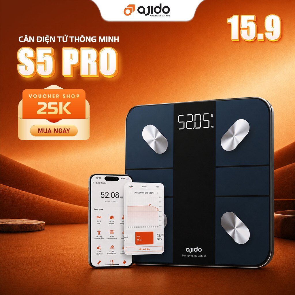 Cân Điện Tử Sức Khỏe Thông Minh AJIDO S5 PRO Phân Tích Inbody Đo 20 Chỉ Số Cơ Thể Kết Nối Bluetooth Với App Ajido Health