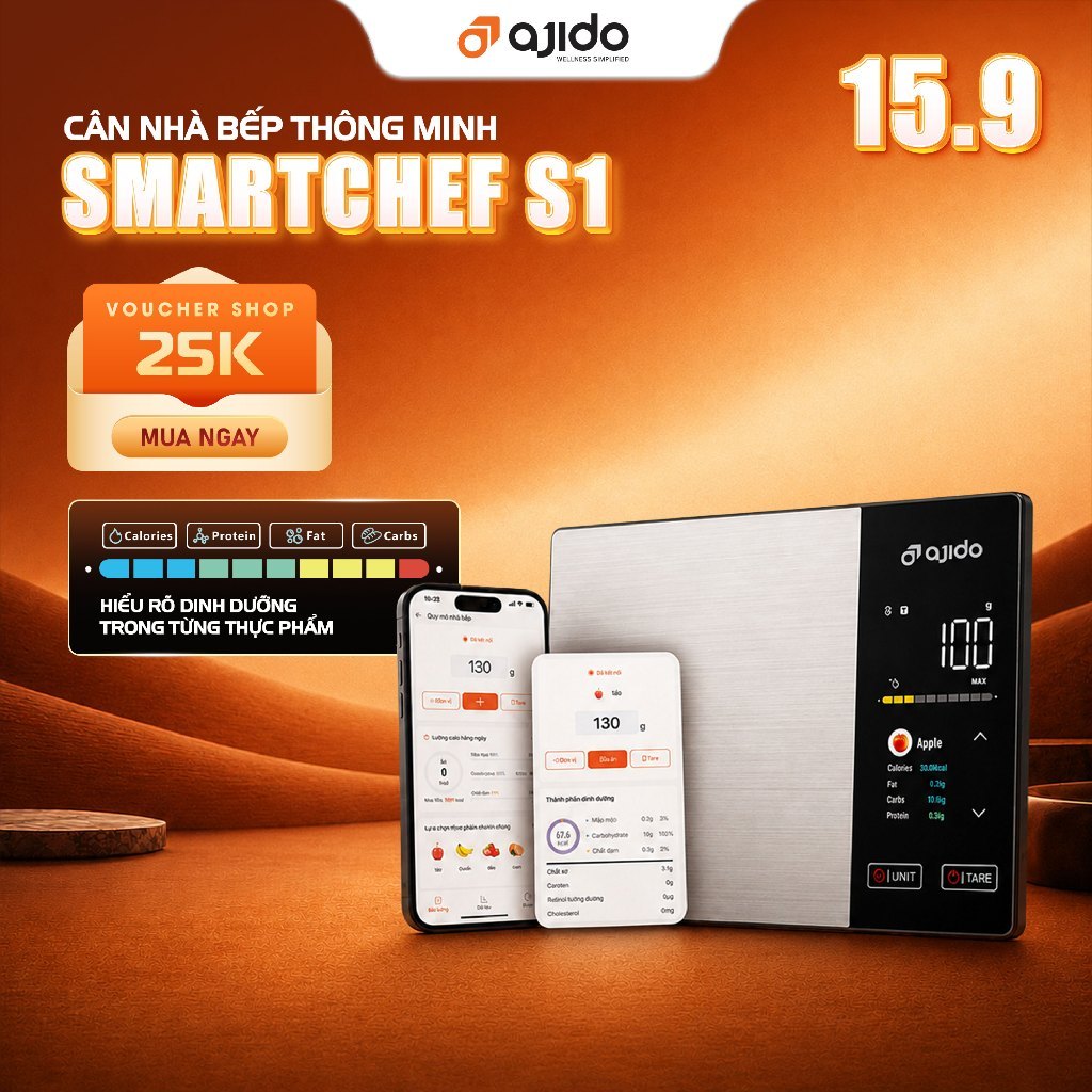 Cân Nhà Bếp Thông Minh Ajido SmartChef S1 – Cân Thực Phẩm Bluetooth, Chính Xác 1g, Tải Trọng 5kg, Theo Dõi Dinh Dưỡng