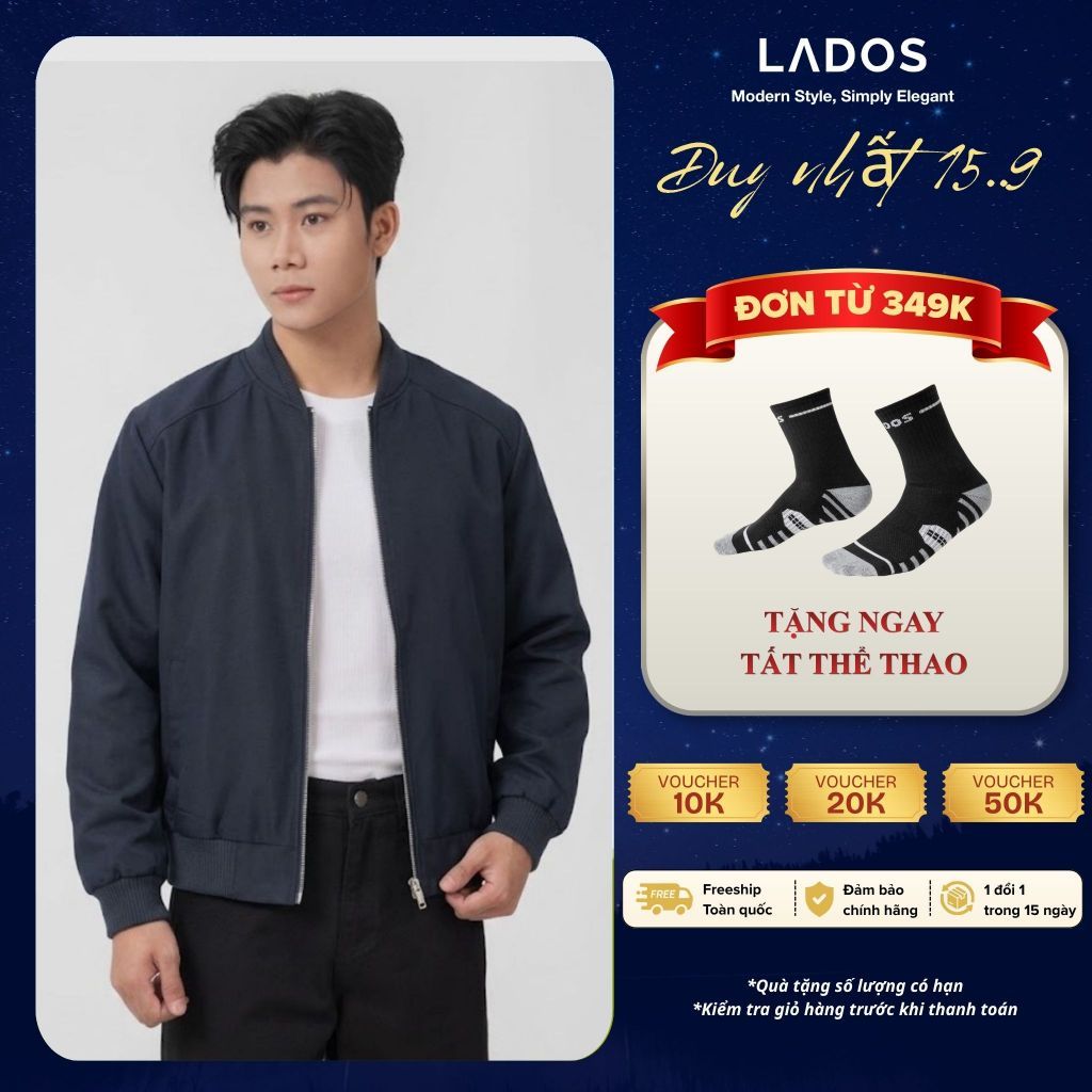 Áo khoác bomber đen kaki LADOS-2054 có túi trong, thấm hút, phong cách Hàn