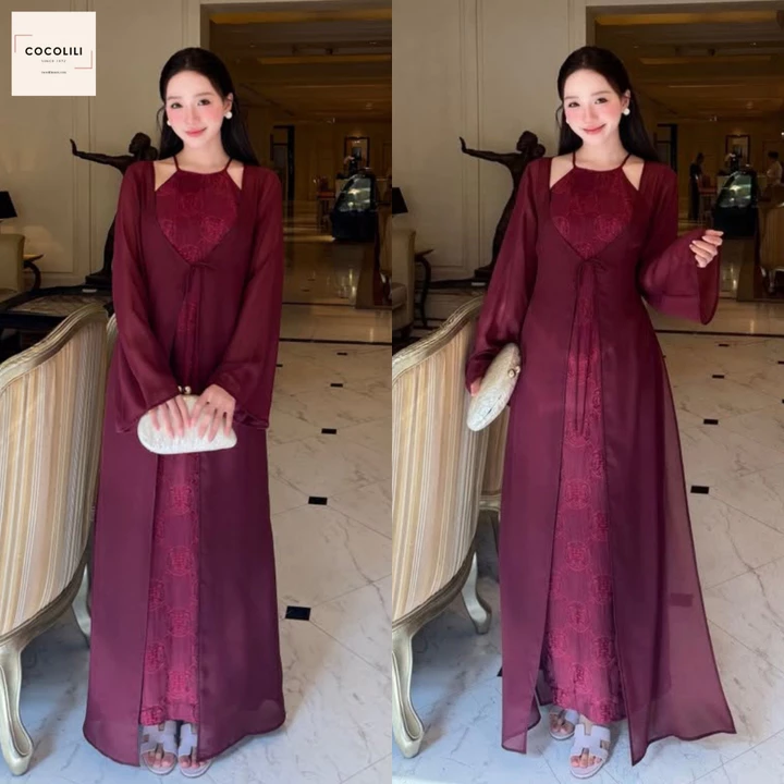 Áo dài tứ thân nữ cách tân phối yếm lụa gấm thọ dơi, váy yếm lụa tằm phối áo choàng voan tơ cao cấp du xuân tết 2027