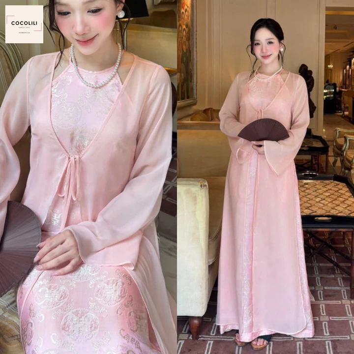 Áo dài tứ thân nữ cách tân phối yếm lụa gấm thọ dơi, váy yếm lụa tằm phối áo choàng voan tơ cao cấp du xuân tết 2027