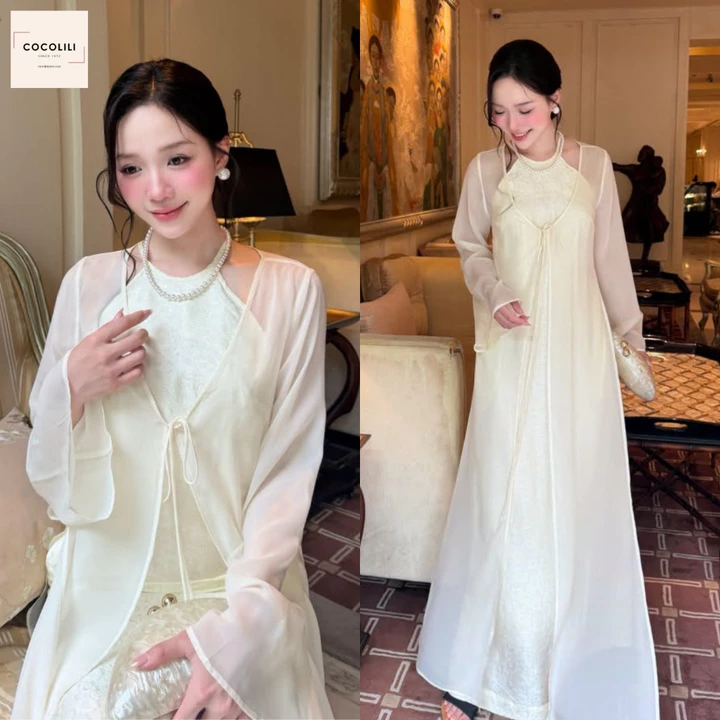 Áo dài tứ thân nữ cách tân phối yếm lụa gấm thọ dơi, váy yếm lụa tằm phối áo choàng voan tơ cao cấp du xuân tết 2027