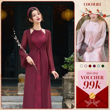 Áo dài tứ thân nữ cách tân phối yếm lụa gấm thọ dơi, váy yếm lụa tằm phối áo choàng voan tơ cao cấp du xuân tết 2027