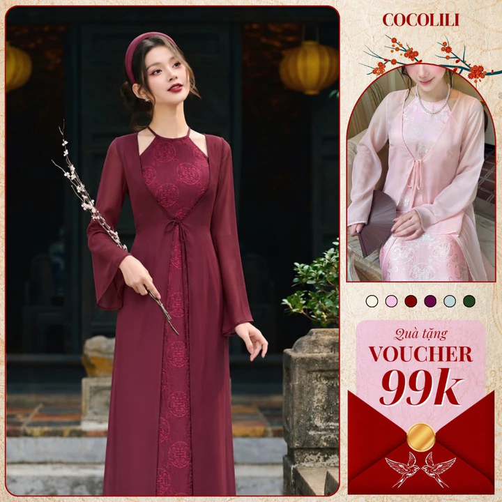 Áo dài tứ thân nữ cách tân phối yếm lụa gấm thọ dơi, váy yếm lụa tằm phối áo choàng voan tơ cao cấp du xuân tết 2027