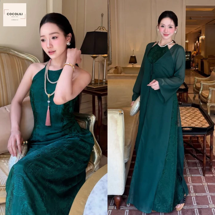 Áo dài tứ thân nữ cách tân phối yếm lụa gấm thọ dơi, váy yếm lụa tằm phối áo choàng voan tơ cao cấp du xuân tết 2027