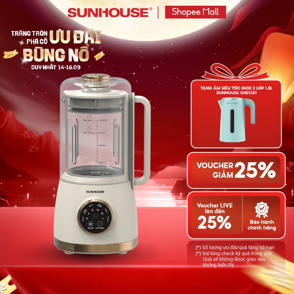 Máy làm sữa hạt đa năng Sunhouse SHD5262 - Tích hợp lồng chống ồn - 6 chức năng - Tự động làm sạch - Hẹn giờ tới 12h