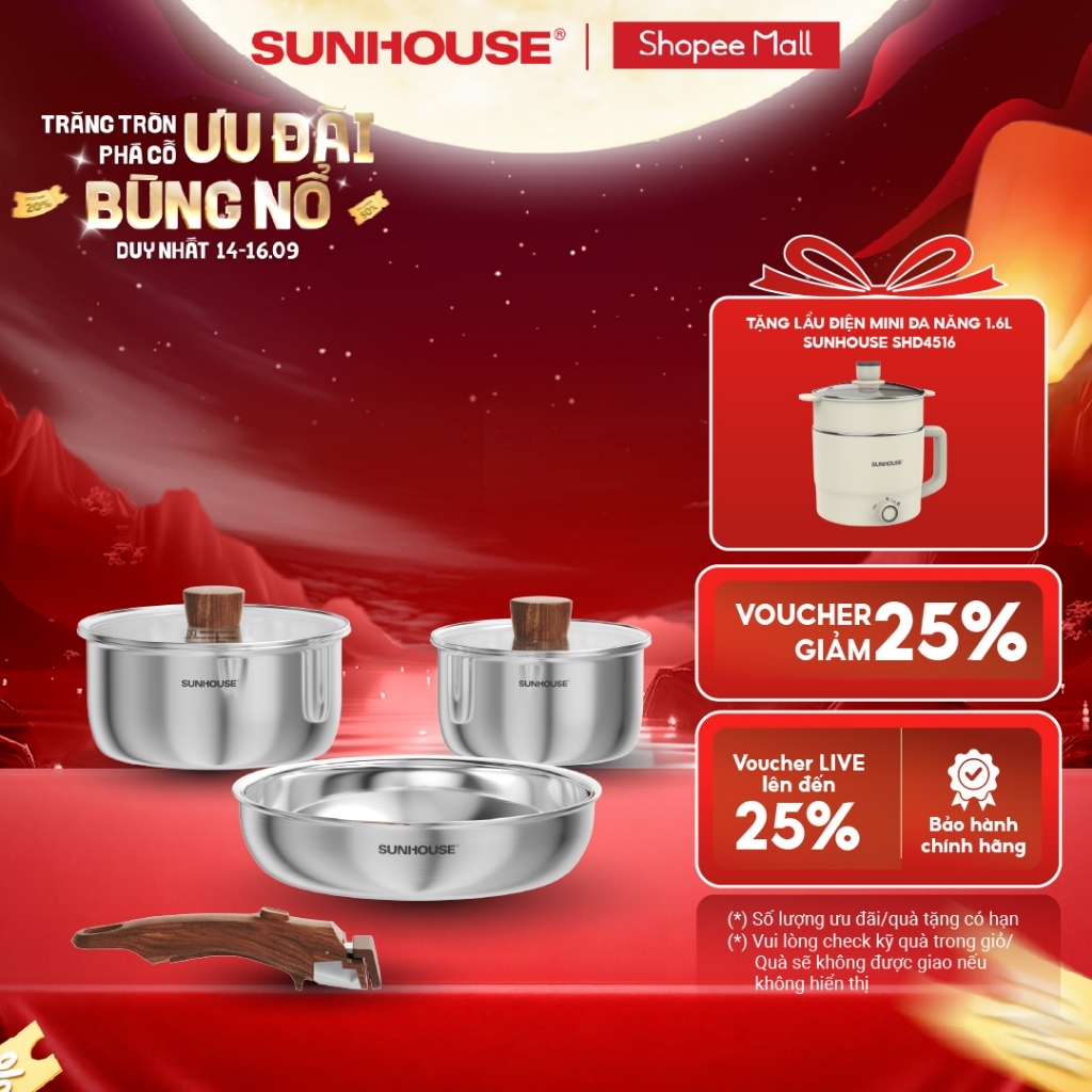 Bộ nồi inox nguyên khối cán rời Sunhouse Healthy SHG831 - Cán rời thông minh - Bắt nhiệt vượt trội mọi loại bếp