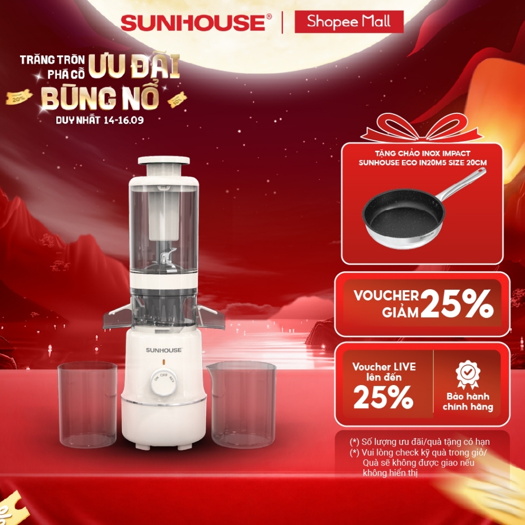 Máy ép chậm Sunhouse SHD5515 - Dung tích 600ml - Làm được kem, lưỡi cắt vượt trội - Ống tiếp nguyên liệu lớn 108mm