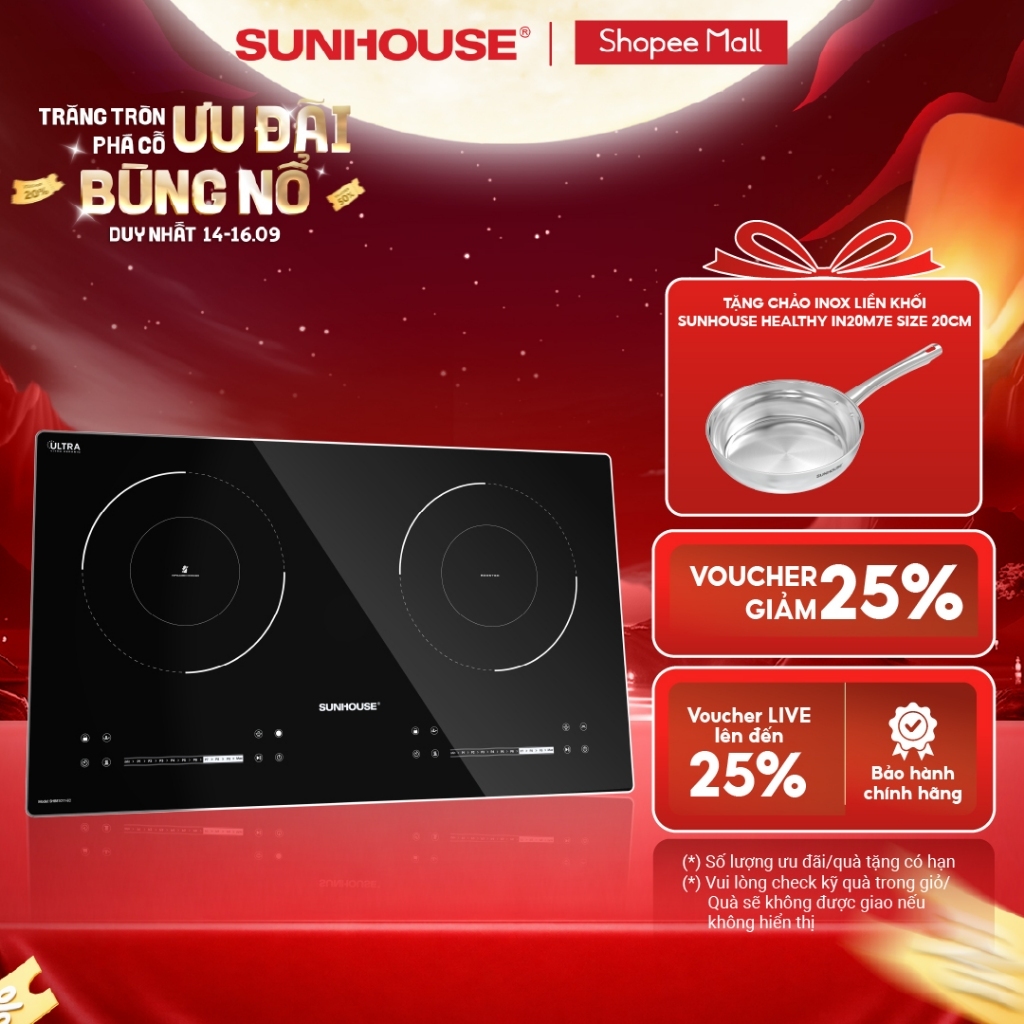 Bếp đôi điện từ hồng ngoại Sunhouse SHB81011-EC - Booster nấu nhanh - Bảo hành 3 năm