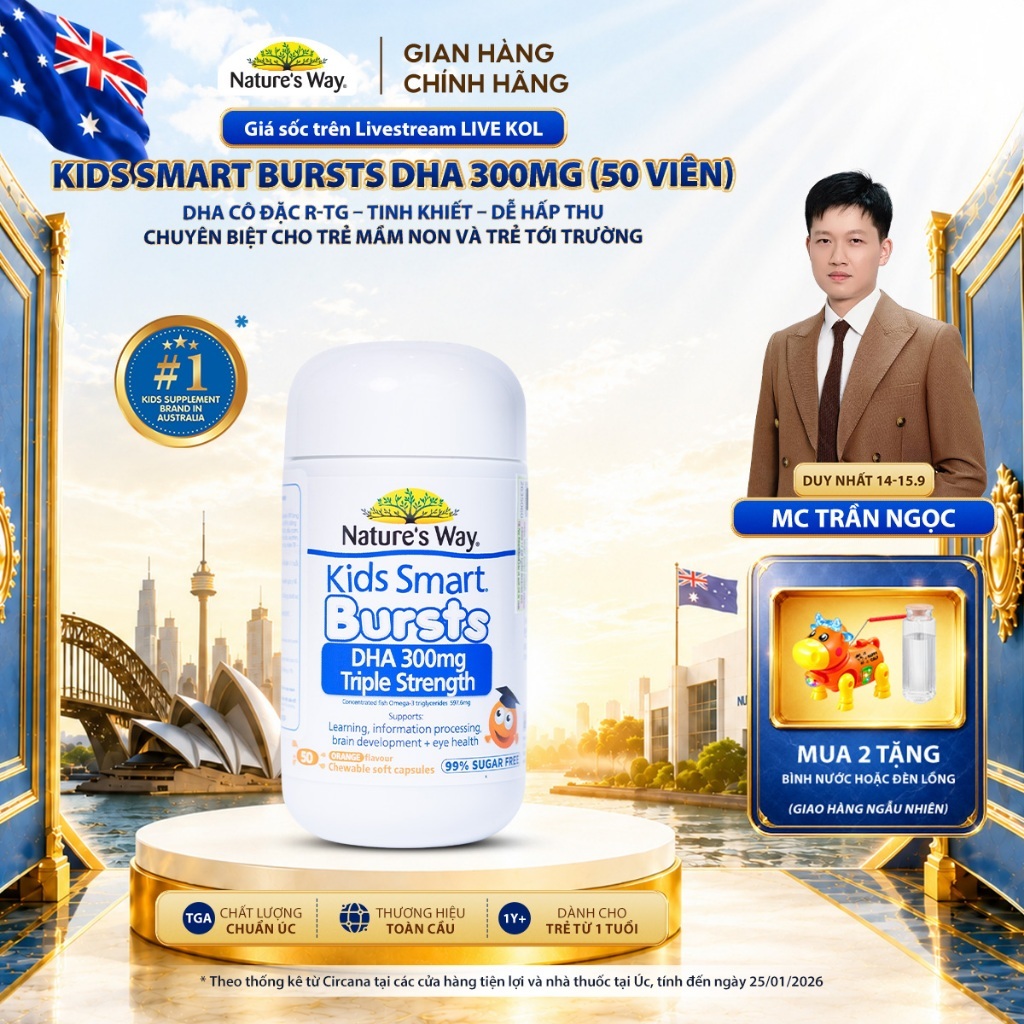 DHA 300mg Nature's Way Kids Smart Triple Strength Bổ Sung DHA Hàm Lượng Cao, Omega 3 RTG Cô Đặc Cho Bé 50 Viên