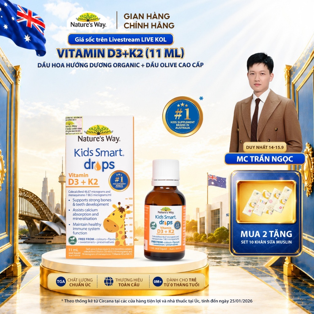 Vitamin D3K2 Nature's Way, Với Dầu Hoa Hướng Dương Organic, Giúp Bổ sung Vitamin D3, K2-MK7 Cho Trẻ Sơ Sinh Hộp 11ml
