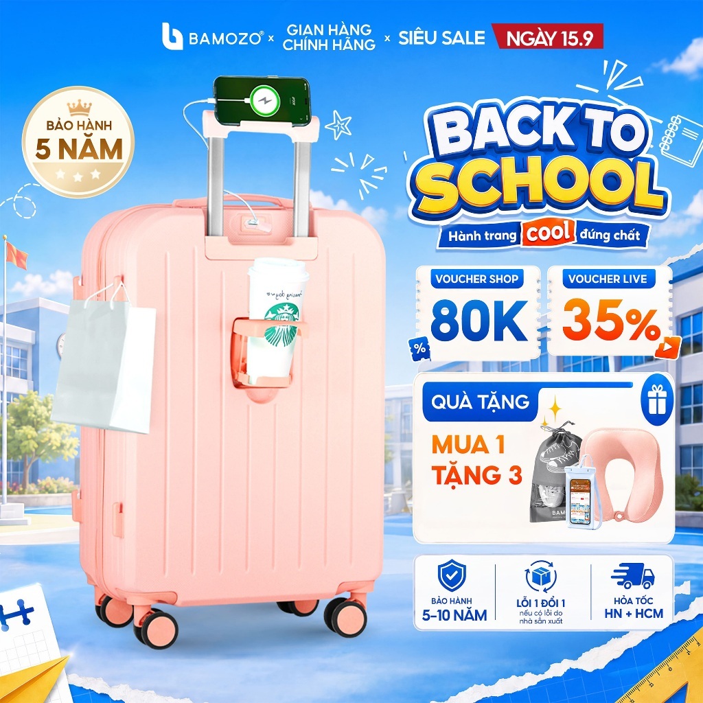 Vali Du Lịch Bamozo 8812 Thời Trang Size 20/24 Chất Liệu PC + ABS Bền Đẹp Bảo Hành 5 Năm_8812