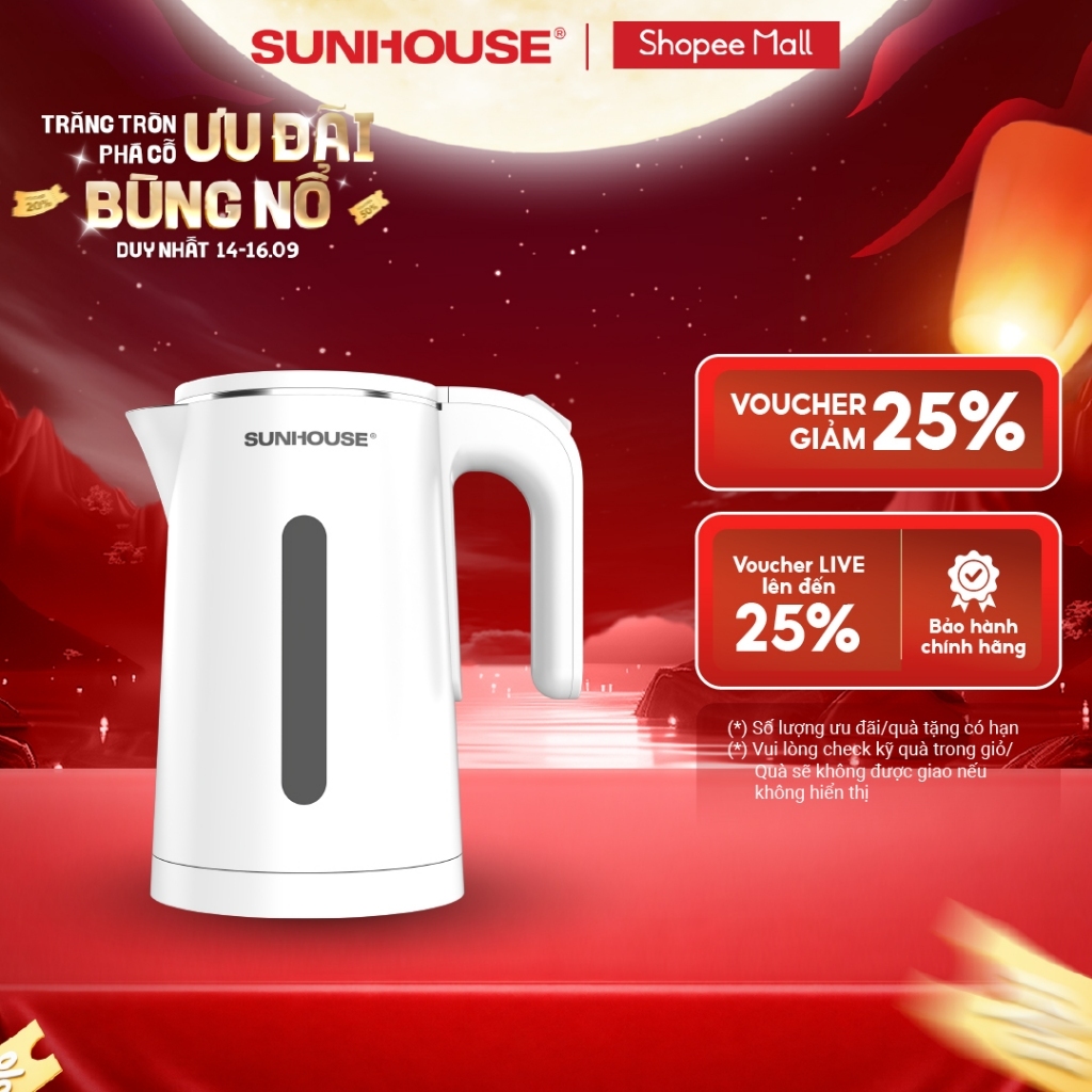 [Mẫu mới] Ấm siêu tốc 1.8L Sunhouse SHD1351W - Bộ điều khiển cao cấp – Thân ấm 2 lớp chống bỏng – 1500W