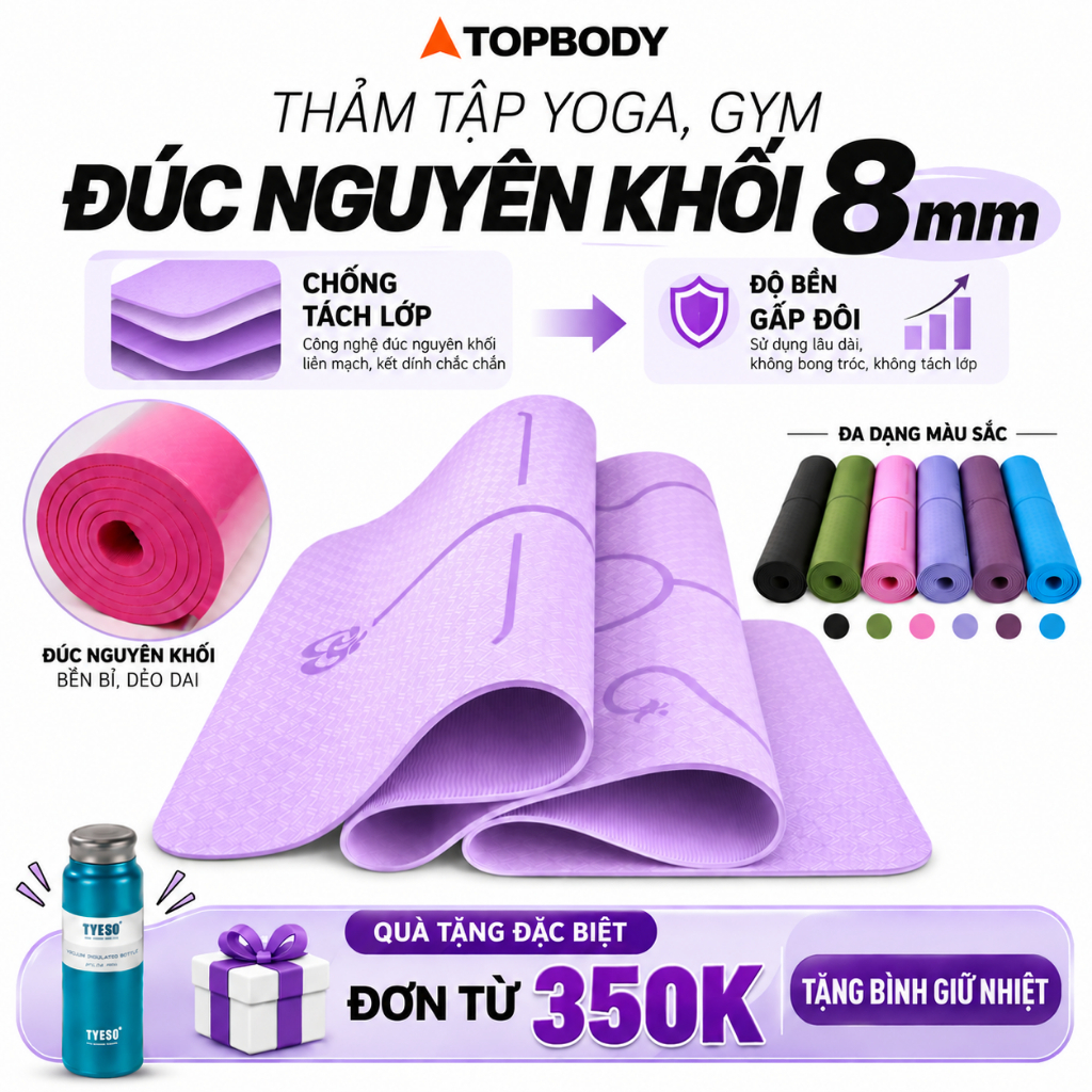 Thảm Tập Yoga Nguyên Khối 8mm TOPBODY Định Tuyến TPE Cao Cấp Chống Trượt Gấp Đôi Độ Bền
