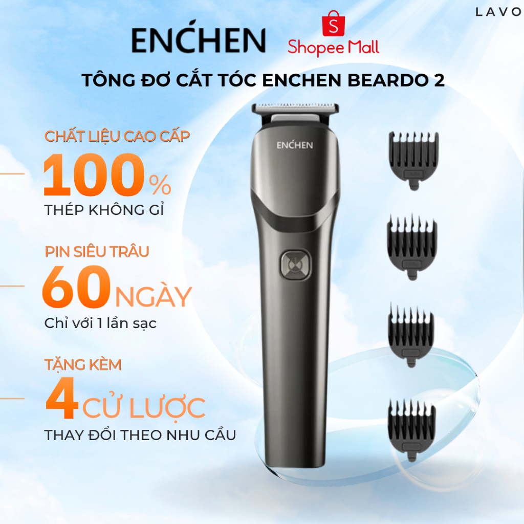 Tông đơ cắt tóc Enchen Beardo 2 tốc độ cao, lưỡi thép không gỉ, tặng 4 cử tạo kiểu - BH 12 tháng
