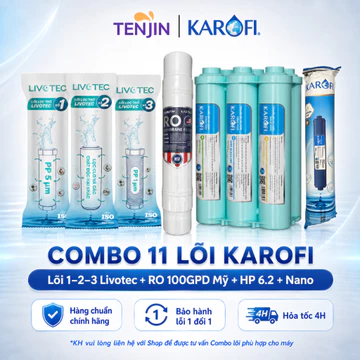 Bộ 11 Lõi Lọc Nước Karofi Sử Dụng 123 LIVOTEC, Màng RO 100GPD Purifim Mỹ, Bộ Smax HP 6.2 Và Nano Silver Plus KAD-D66