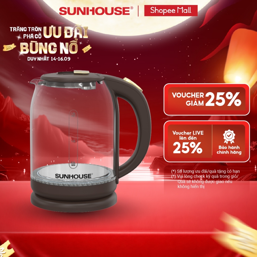 Ấm siêu tốc thủy tinh 1.8L Sunhouse SHD1212 - 1500W - Thang đo mực nước tiện lợi - Tự ngắt khi quá nhiệt