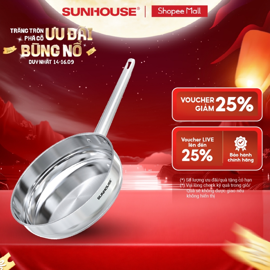 Chảo Inox 304 cao cấp Sunhouse Healthy IN16-20-24-26-28M9 - Phù hợp mọi loại bếp - Tay cầm Inox không gỉ