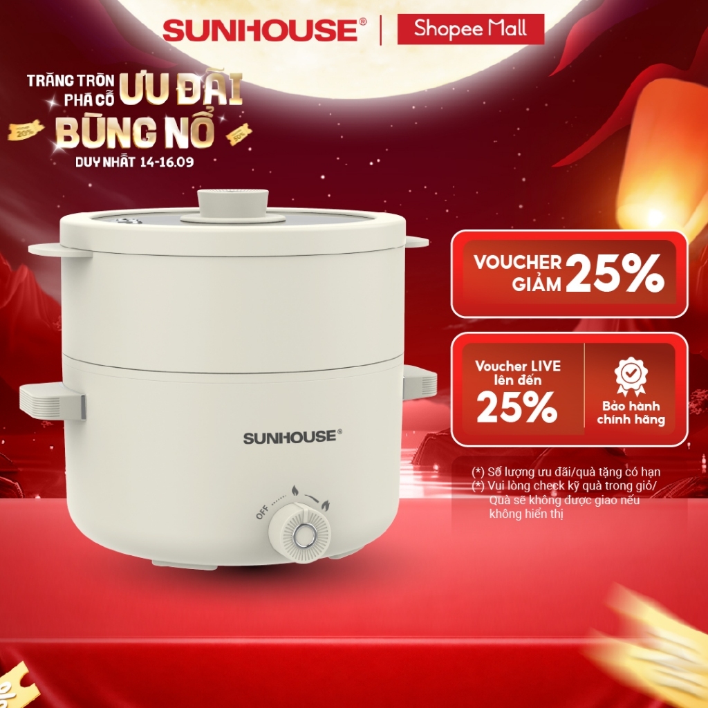 Nồi điện mini đa năng 2.0L Sunhouse SHD4517 - Đa năng 4in1 - Lòng nồi chống dính Ceramic - Gia nhiệt trực tiếp