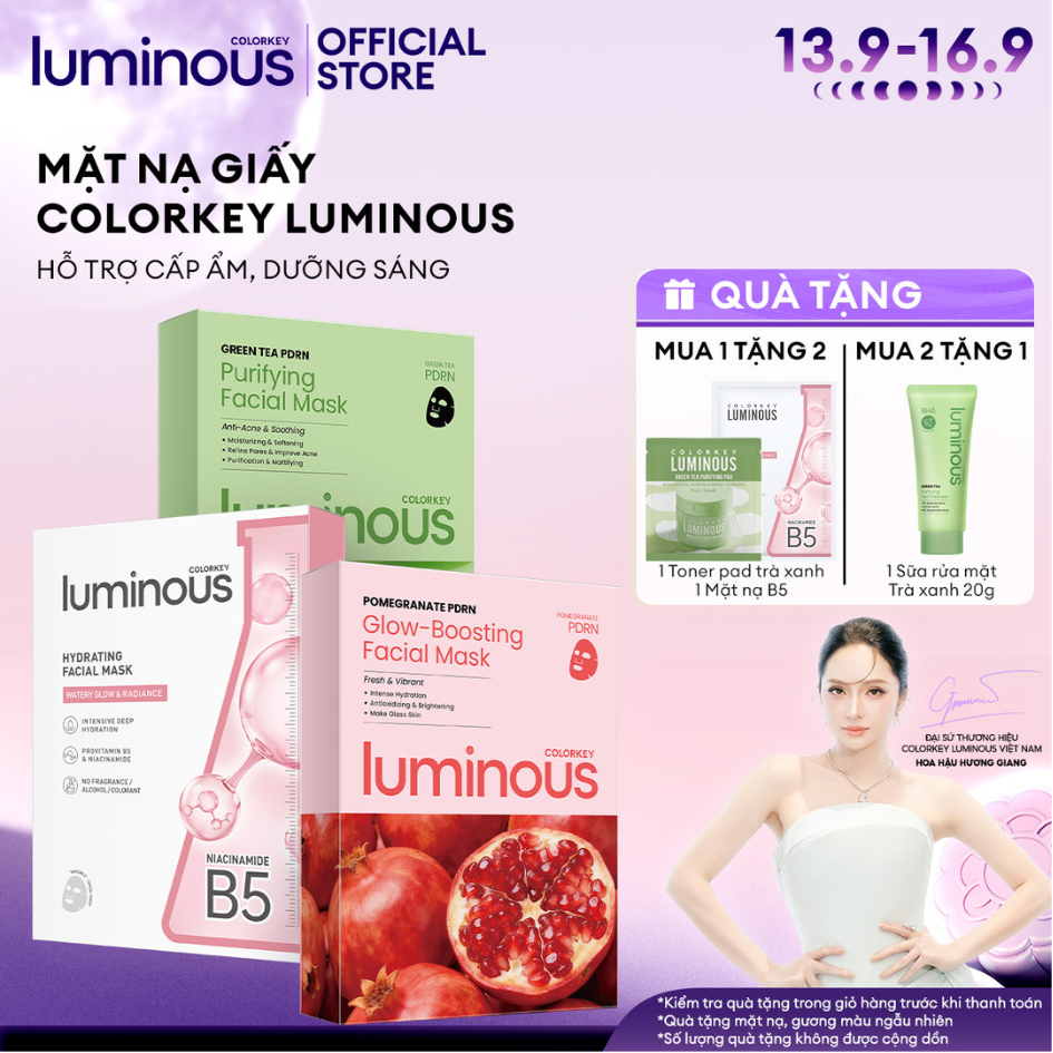 Mặt Nạ Colorkey Luminous | Vitamin B5/ Vitamin B3/ Trà xanh/ PDRN| Hỗ trợ dưỡng ẩm, sáng da, giảm dầu mụn| 10 miếng/Hộp