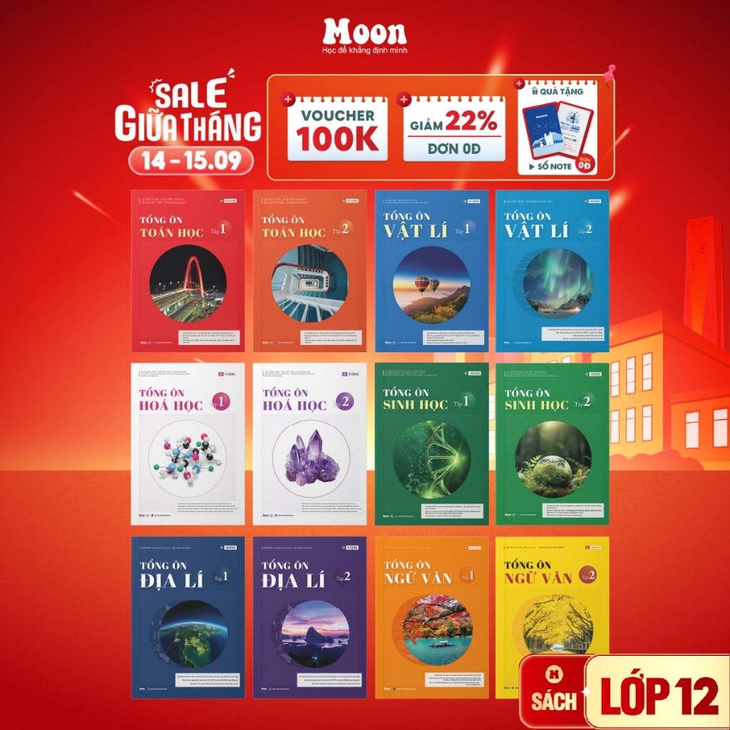 Sách Tổng ôn 12 Cho 2K9 - Ôn thi THPTQG 2027 Toán, Lí, Hoá,  Anh, Sinh, Văn, Địa - MoonBook